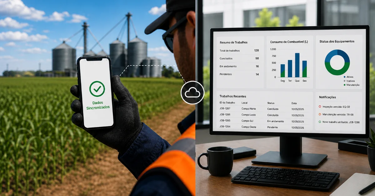 Celular no campo confirma dados sincronizados e o painel de gestão exibe consumo de combustível em litros