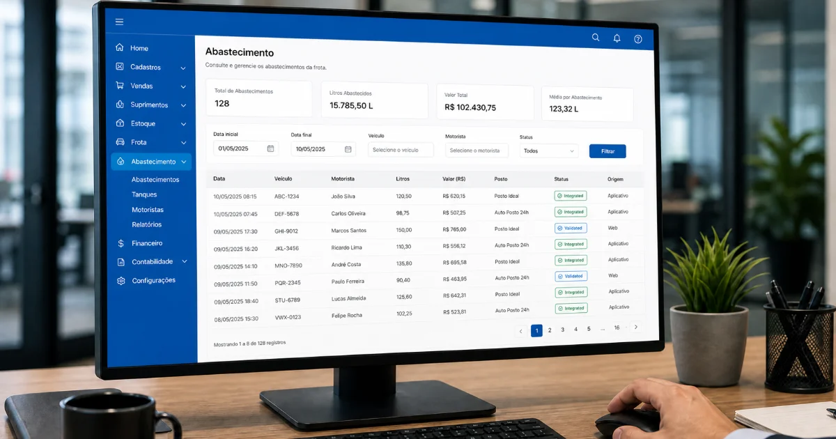 Painel de abastecimento mostrando registros integrados, com litros, valor e status por veículo