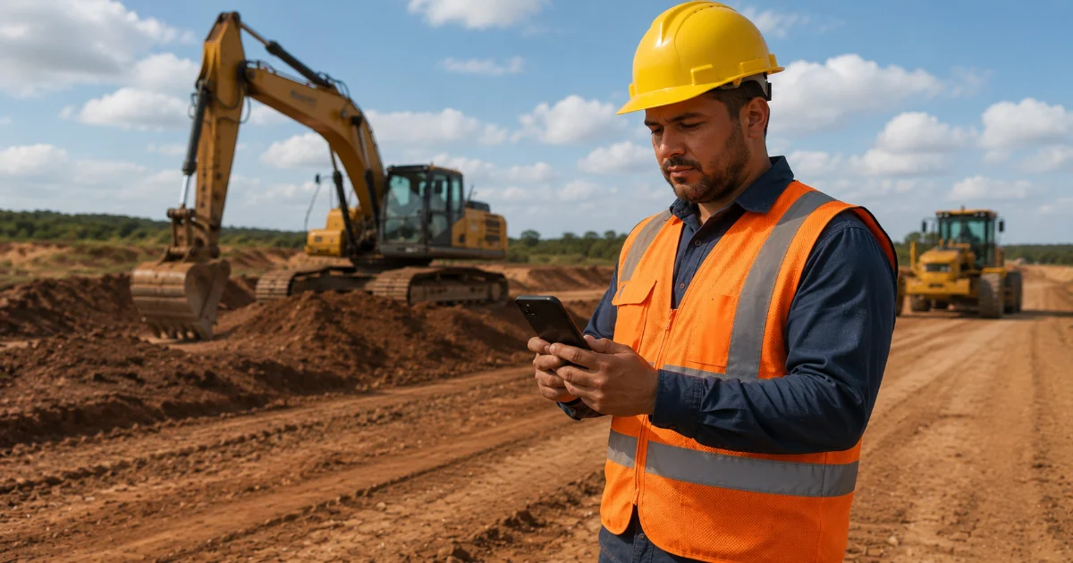 Operador usando app de abastecimento em obra sem hardware no celular Android em canteiro de construção civil