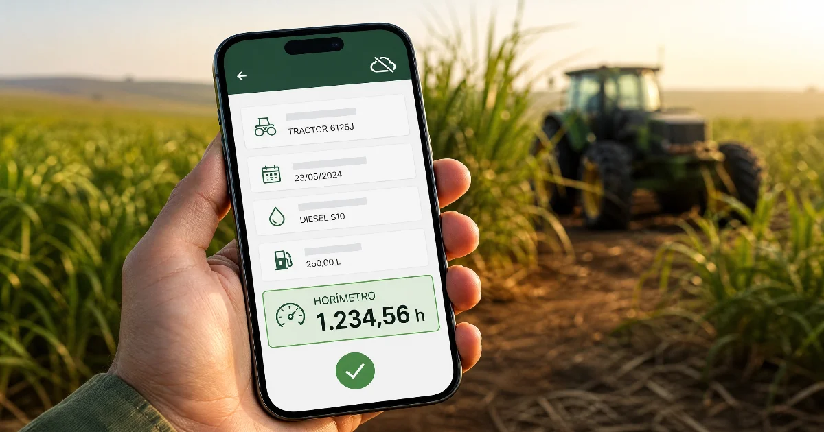 Operador do comboio usando app de controle de combustível para fazenda no celular Android em campo