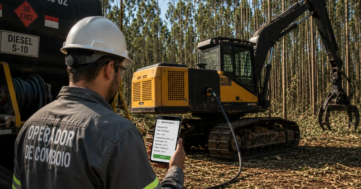 Celular Android com app de controle de combustível florestal offline em talhão de pinus