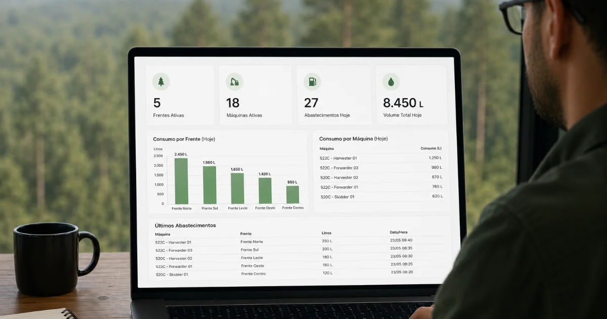 Painel web do app de controle de combustível florestal offline com consumo por frente de trabalho