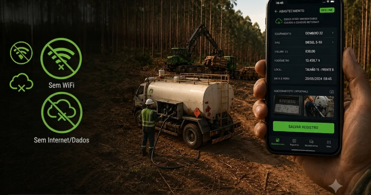 App de controle de combustível florestal offline com operador usando celular Android em talhão de eucalipto sem sinal