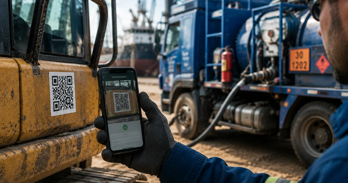 Operador escaneando QR Code colado na máquina para identificar o equipamento no app
