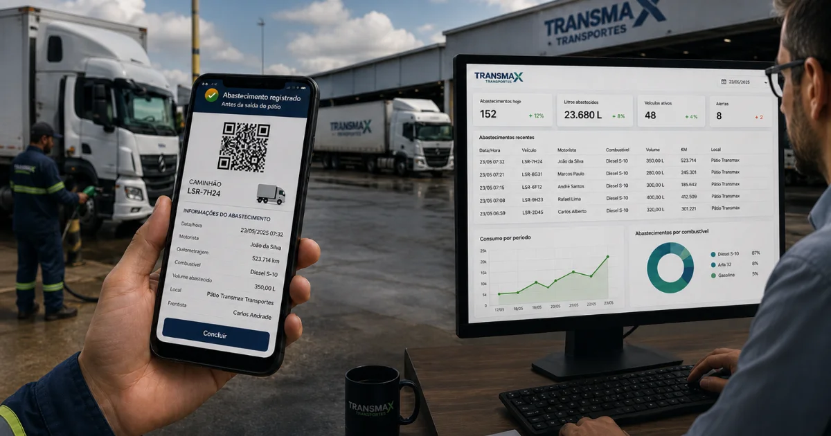 Fluxo de registro de abastecimento com tanque próprio: QR Code, app e painel