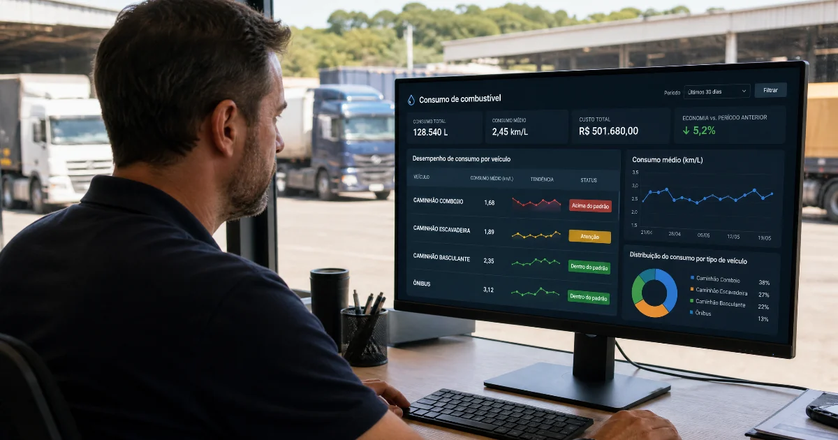 Painel de controle de abastecimento com tanque próprio mostrando consumo por caminhão