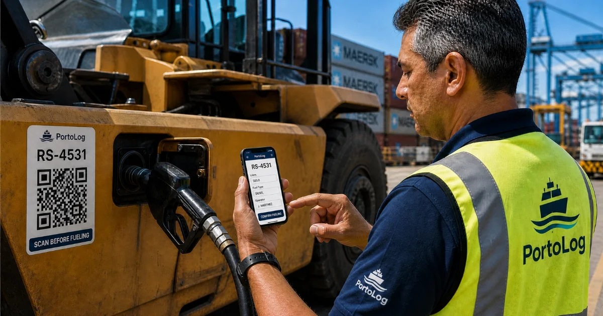 Controle de abastecimento sem hardware no porto com operador usando celular Android em terminal de contêineres