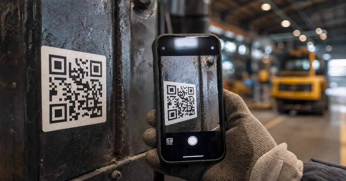 QR Code de identificação de equipamento industrial colado em empilhadeira para controle de combustível
