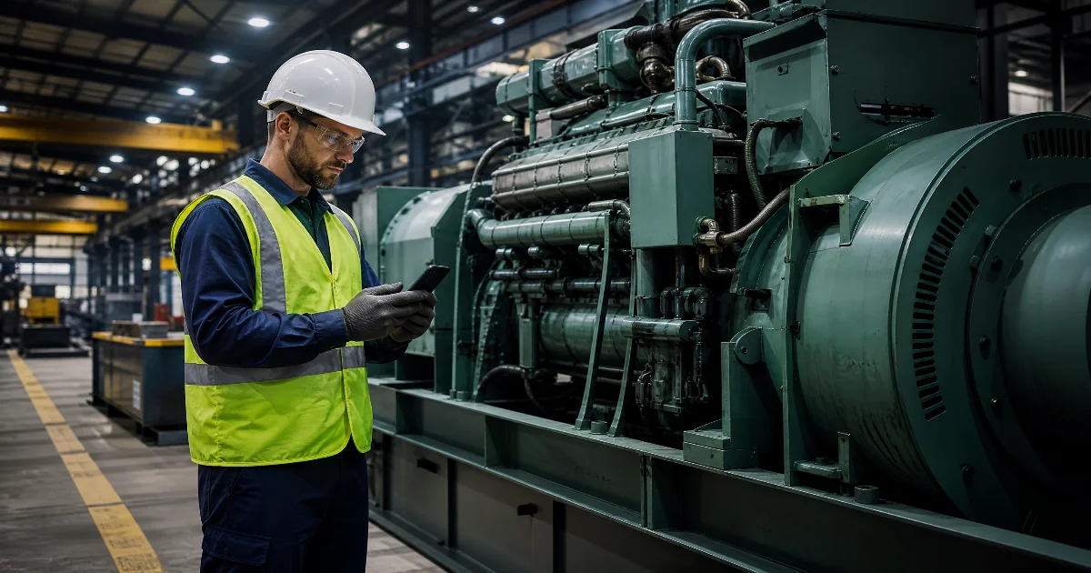 Controle de combustível em equipamentos industriais com operador usando QR Code e celular em galpão metalúrgico