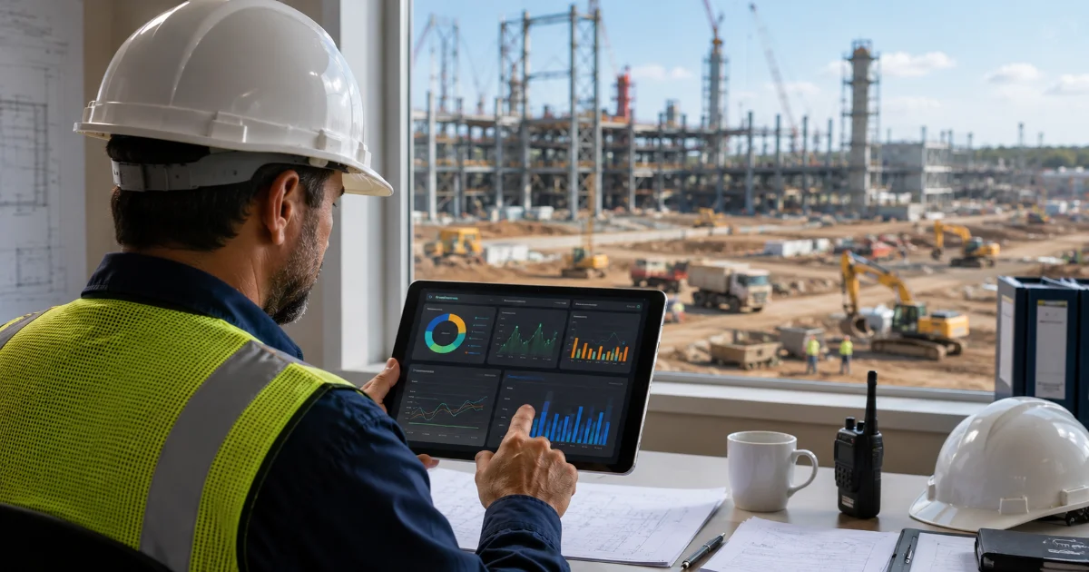 Painel web de controle de combustível em obra mostrando consumo por máquina e por centro de custo