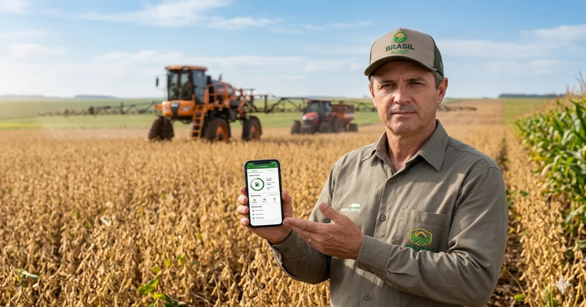 Operador registrando controle de combustível na fazenda pelo app no celular em lavoura