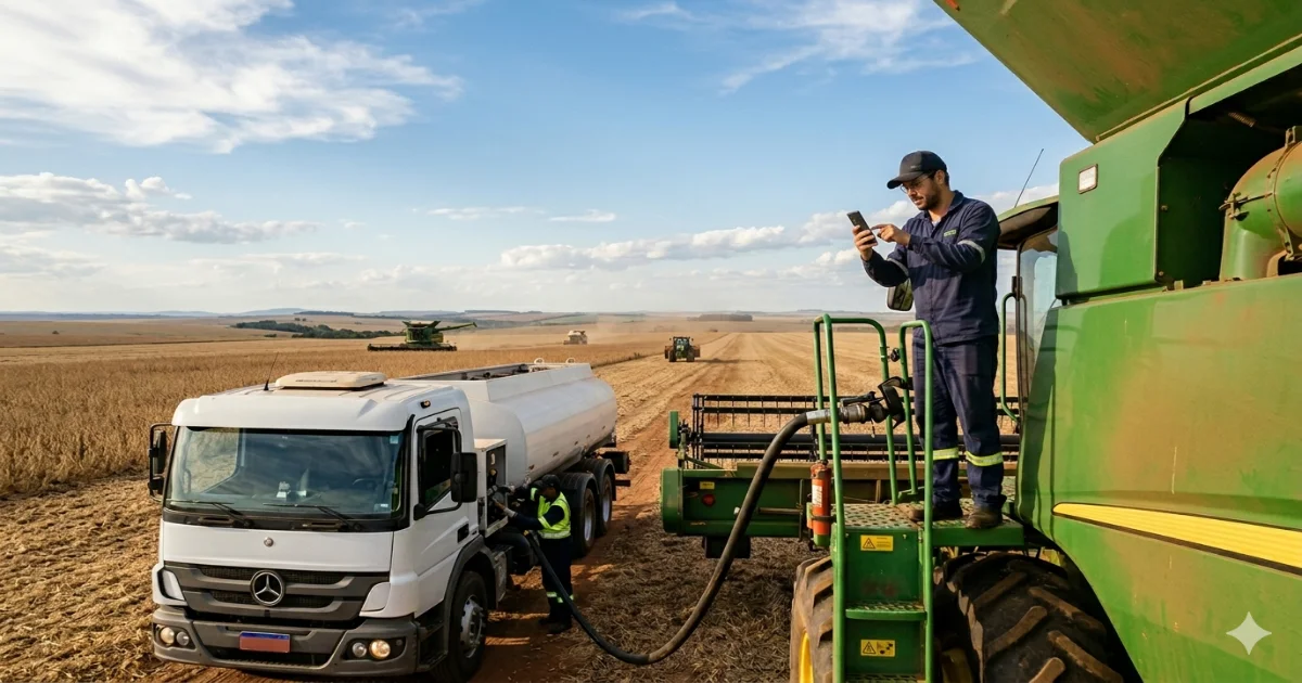 Controle de combustível na fazenda com trator sendo abastecido por comboio em lavoura