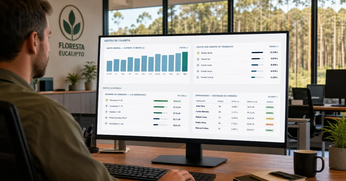 Painel de controle de combustível em operações florestais com consumo por frente de trabalho e máquina