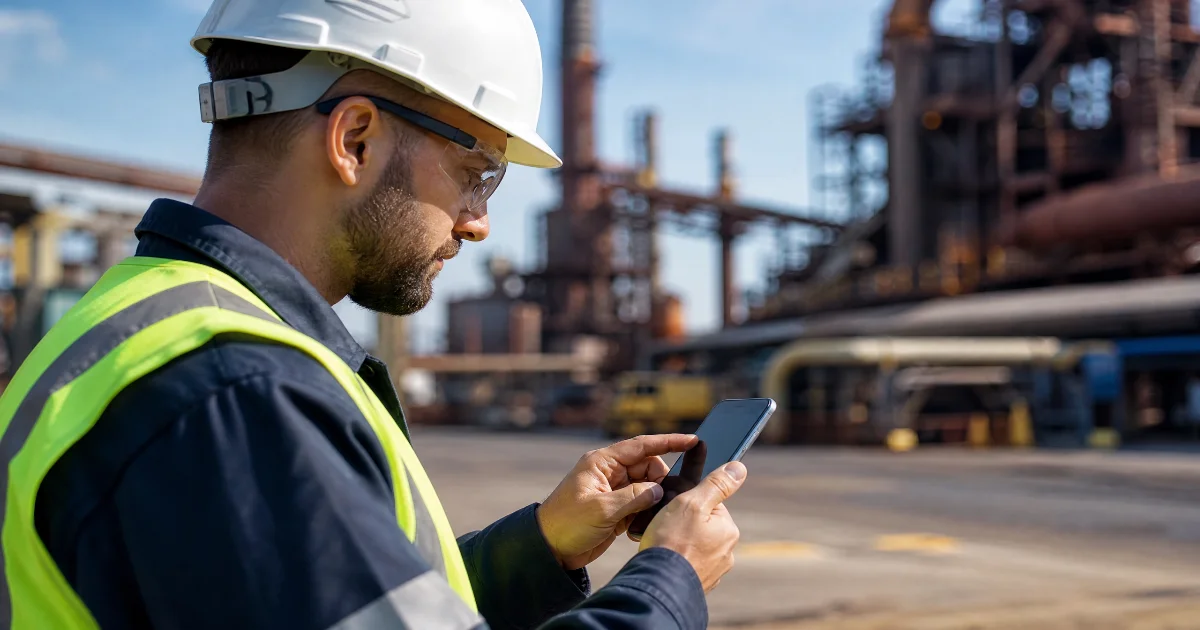 Operador registrando controle de combustível na indústria metalúrgica pelo app no celular