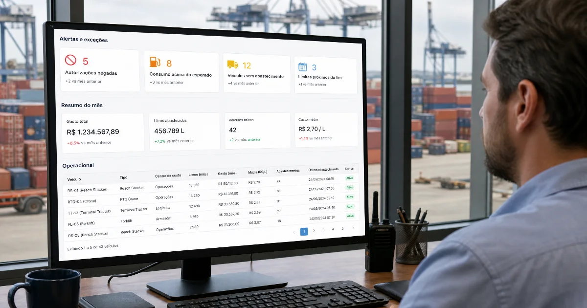 Painel de controle de combustível em operações portuárias com consumo por equipamento e turno