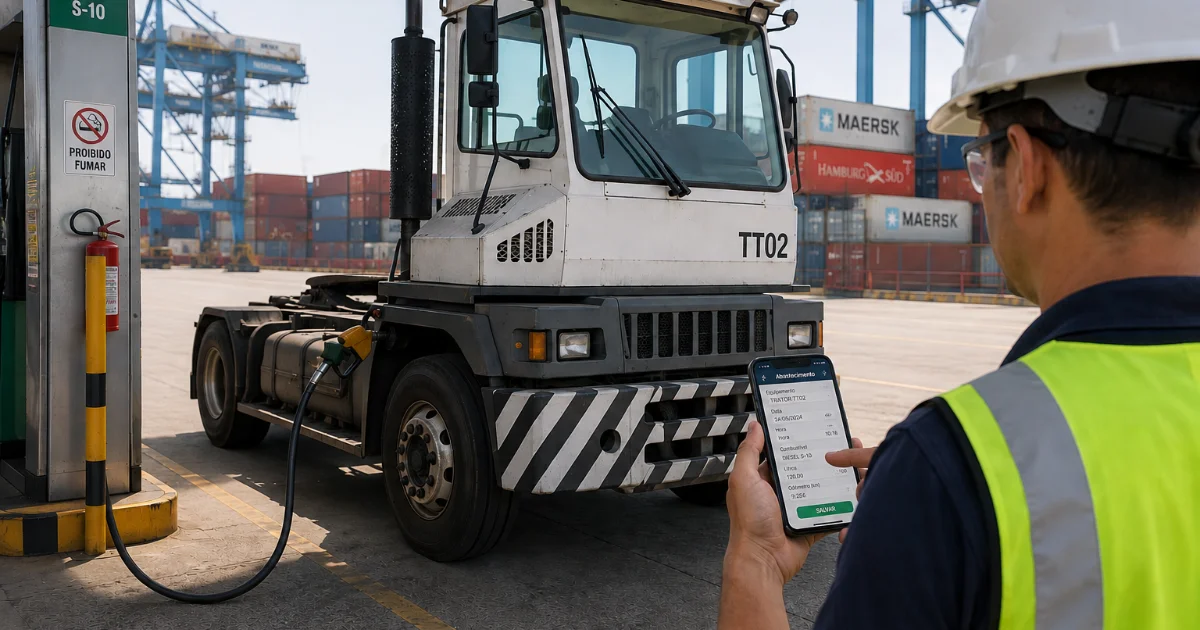 Controle de combustível em operações portuárias com reach stacker sendo abastecido em terminal de contêineres