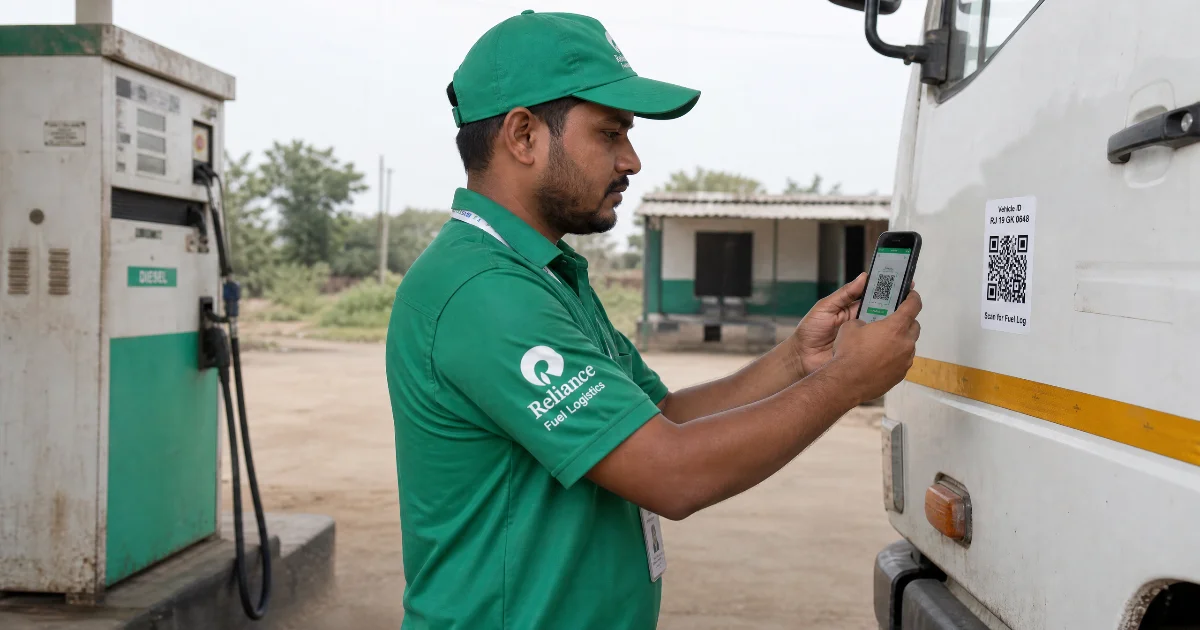 Frentista identificando caminhão por QR Code antes do abastecimento no pátio da transportadora