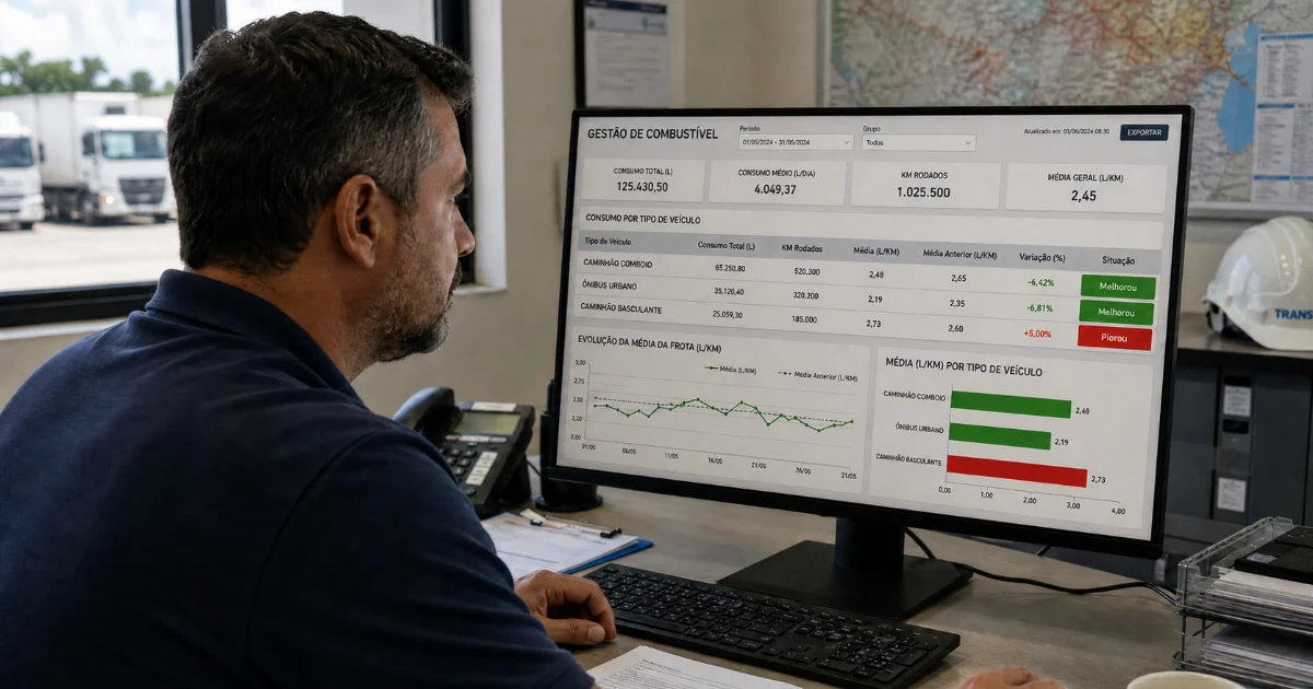 Painel web do Gekom Comboio com dados de controle de combustível em transportadora em tempo real