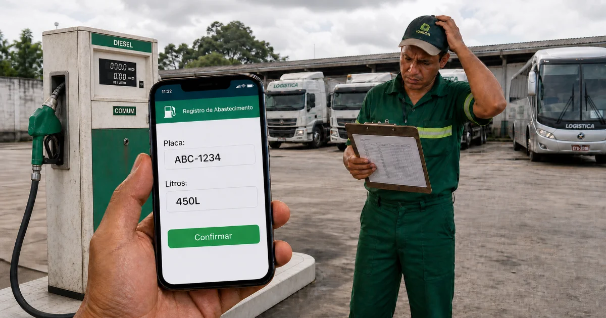 Motorista registrando controle de combustível em transportadora pelo celular no pátio da garagem