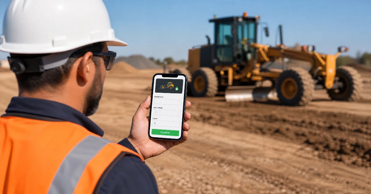Operador registrando gestão de diesel na construção civil pelo app no celular em canteiro de obra