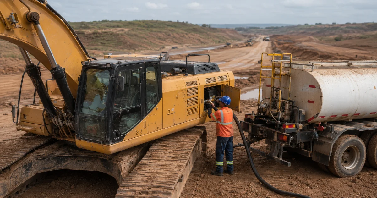 Gestão de diesel na construção civil com escavadeira sendo abastecida por comboio em canteiro de obra
