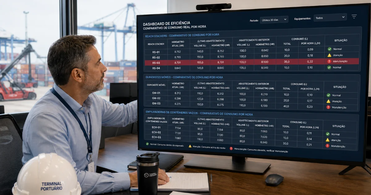 Comparação de consumo de diesel entre reach stackers no terminal portuário com horímetro no Gekom