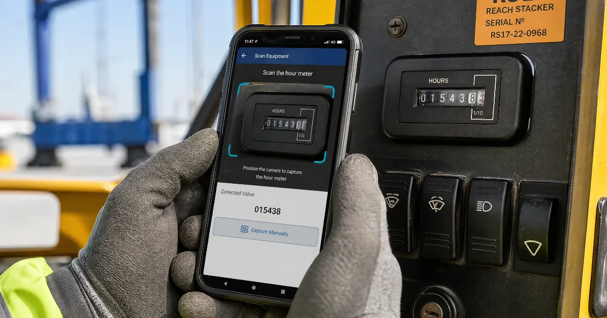 Gestão de diesel de reach stackers em terminal de contêineres com operador registrando abastecimento no app