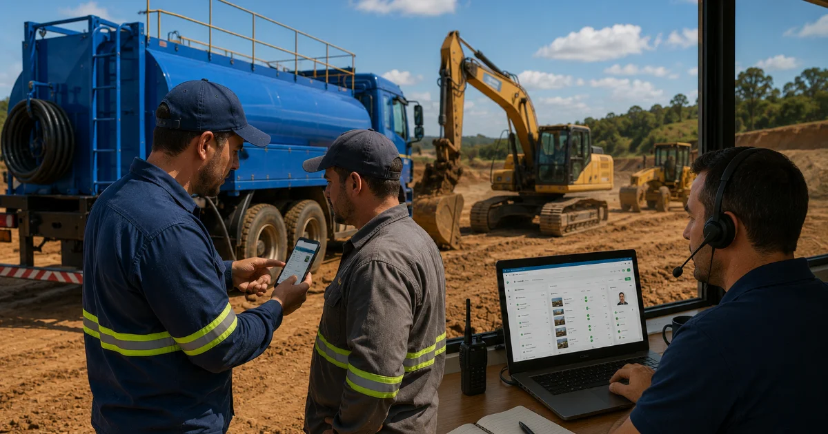 Operadores conferindo o registro no celular ao lado do comboio enquanto o suporte acompanha o painel web