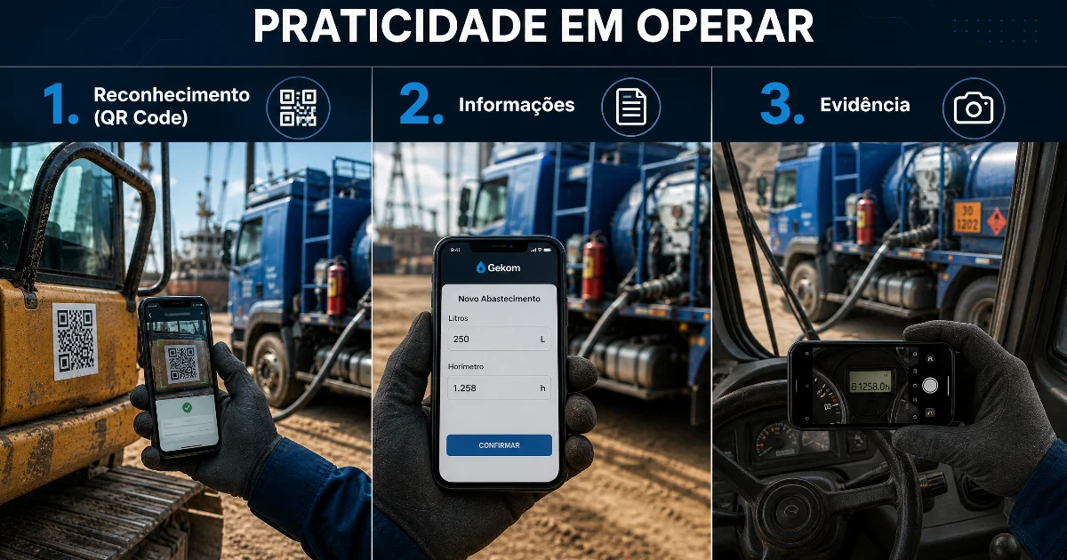 Três etapas do registro no app: reconhecimento por QR Code, preenchimento de dados e evidência fotográfica
