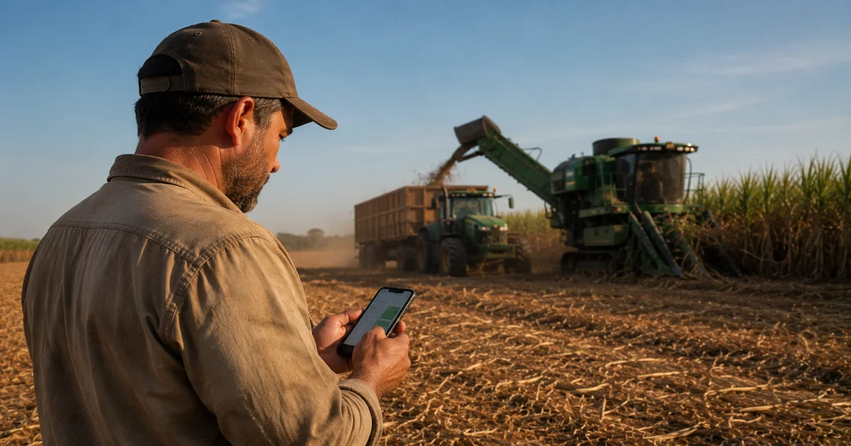 Sistema de controle de abastecimento no agronegócio com comboio abastecendo trator em lavoura sem conexão