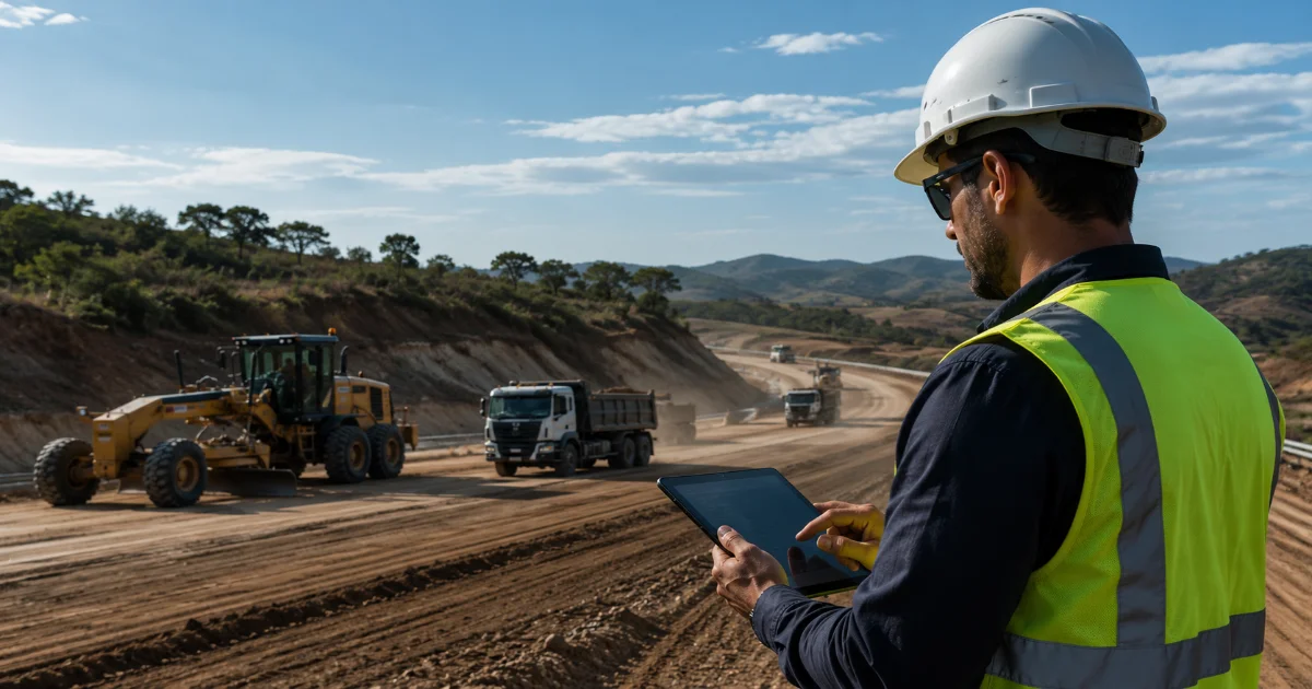 Sistema de controle de abastecimento em obra de construção civil com operador registrando no app