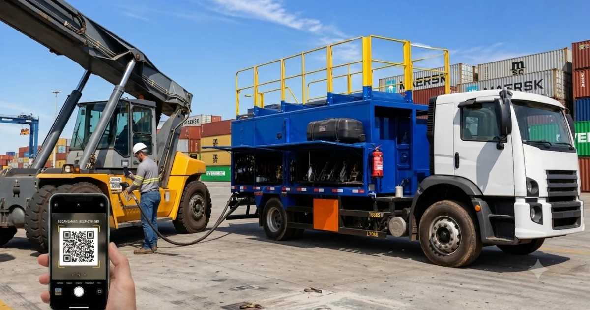 QR Code de identificação de reach stacker em terminal portuário para sistema de controle de abastecimento