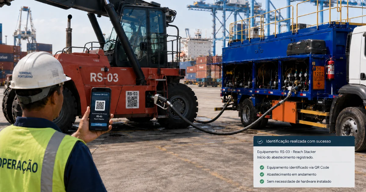 Sistema de controle de abastecimento para terminal portuário com operador usando app em cais de contêineres