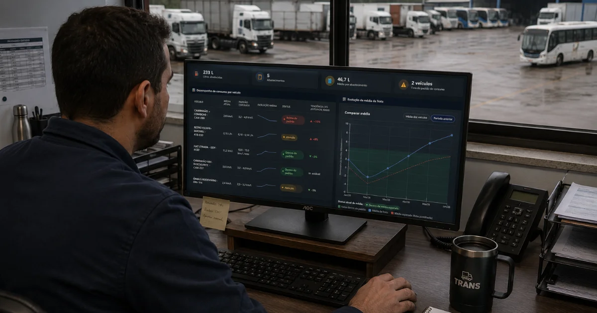 Painel do sistema de controle de abastecimento para transportadora com consumo por caminhão e motorista em tempo real