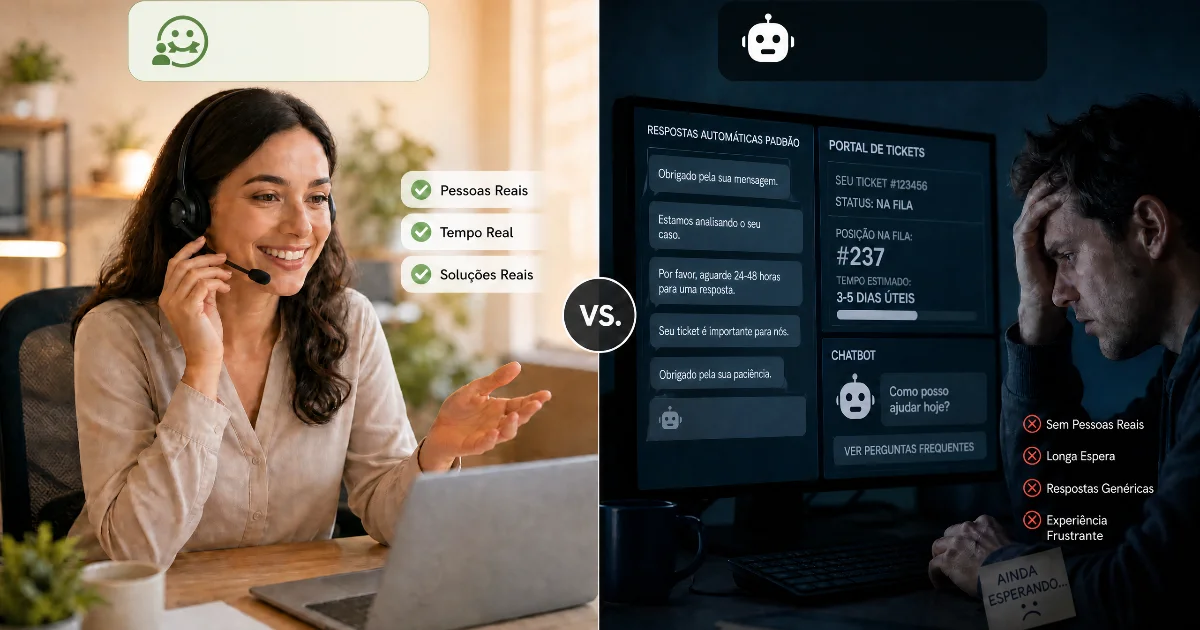 Comparação entre atendimento humano em tempo real e suporte automatizado por chatbot com fila de tickets