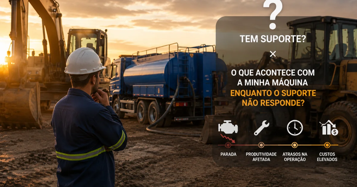 Operador olhando para máquinas ao pôr do sol, questionando o que acontece com a operação enquanto o suporte não responde