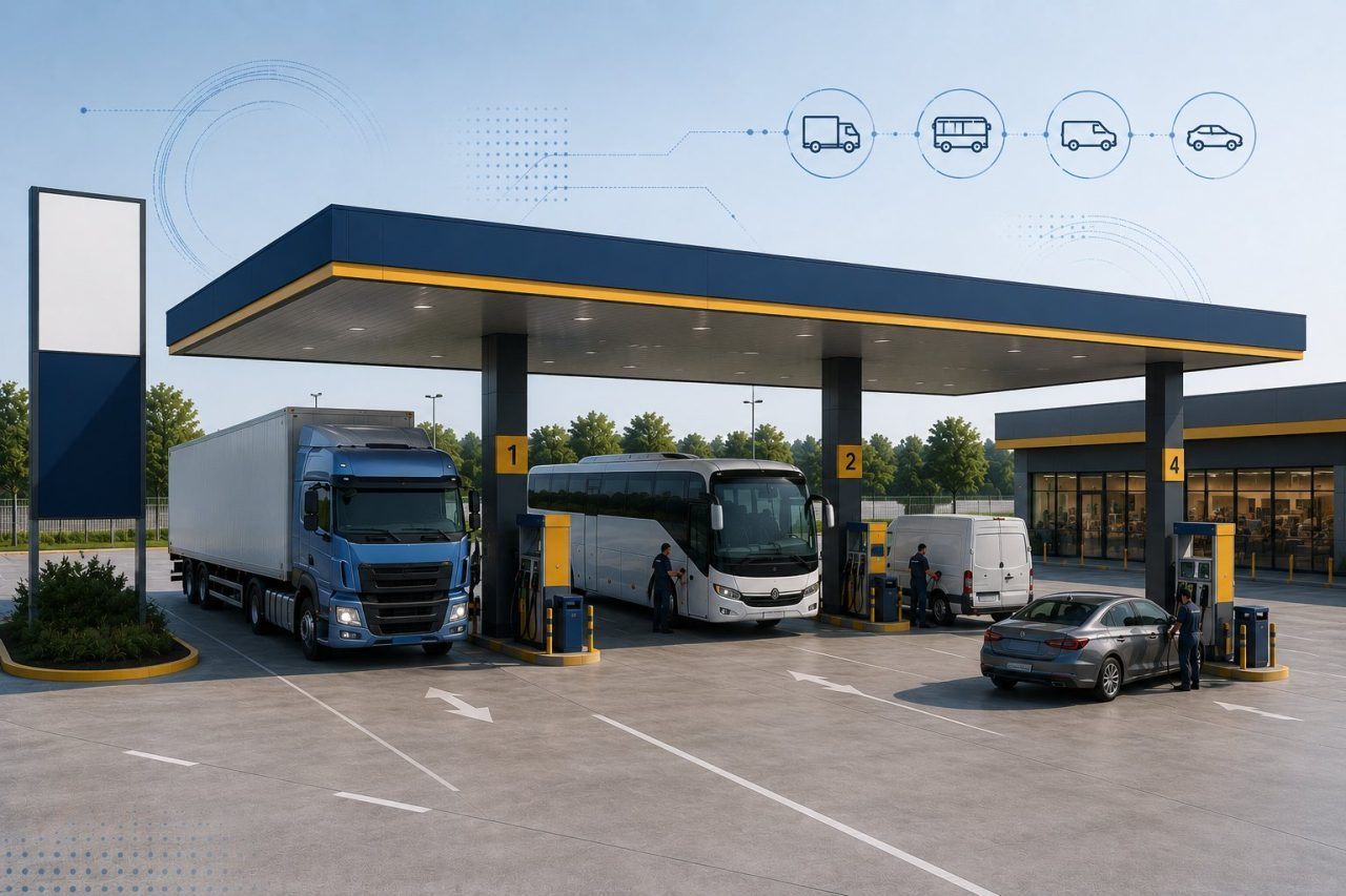Posto de abastecimento externo com frota de caminhões e ônibus — sistema Gekom Posto para controle de diesel sem cartão de frota